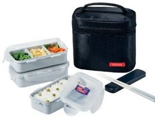 BLACK NEW Bento Lunch Box Set w/3 containers + Chopstics + Insulated 
