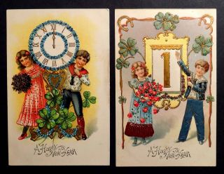 Antique New Year Postcards 1907 CUTE CHILDREN w/CLOCK & CALENDAR