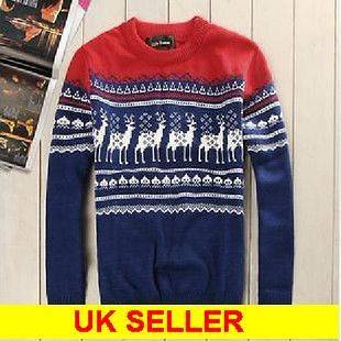 Christmas Jumper Reindeer Vintage Mens Knit Sweater Jumper Blue/Red M 