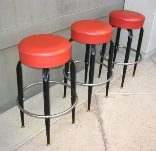 2of2) Set of 3 Mid Century Modern Metal Red BAR STOOLS Vintage Bench 