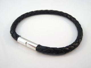 MENS LEATHER BRACELET  CHUNKY BRAIDED 5.5mm   STERLING SILVER TWIST 