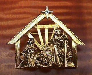 Nativity Scene Christmas Goldtone Rhinestone Dimensional Brooch PIN
