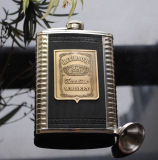 8oz Stainless Steel Hip Flask Alloy Logo PU Leather Wrap Funnel #8D5