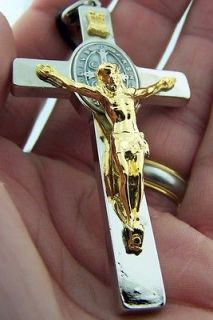 St Saint Benedict Exorcism Protection Crucifix Cross Silver Gold Medal 