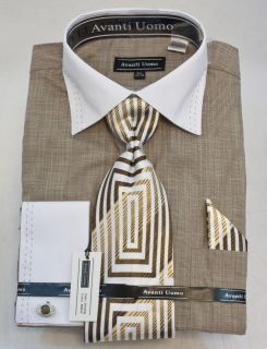 New Avanti Uomo Fashion Dress Shirt Beige Checkered Pattern. DN49M