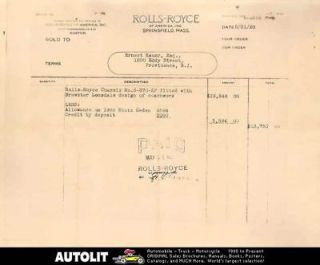 1929 Rolls Royce Phantom I Brewster Invoice 1928 Stutz