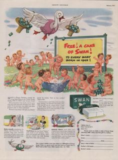 1945 VINTAGE SWAN FLOATING SOAP FREE A CAKE OF SWAN PRINT AD