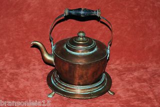 CHARMING VINTAGE COPPER TEA POT KETTLE W/ WOOD HANDLE AND COPPER STAND