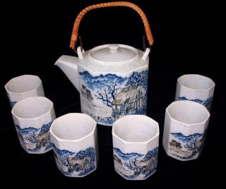 Vintage 7 Piece Octagonal Ceramic Japanese Tea Set, Asian, Oriental 