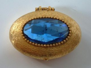 Vtg Jewelled Gold Tone Miniature Pill Ring Trinket Box Blue Stone 