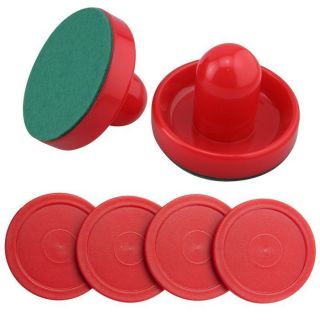 Set of Two Red Air Hockey Pushers and Four Red Air Hockey Pucks for 