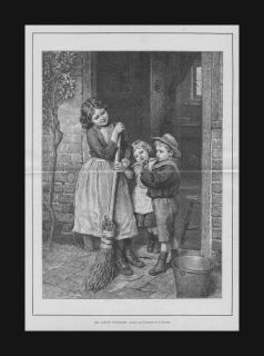 Boy Playing his New Flute, antique Engraving, original 1891