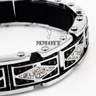 High Quality Mens Silver Black Carbon Stainless Steel Bangle CZ 