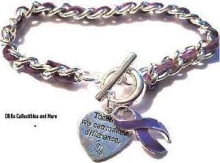   Life Cancer Awareness purple ribbon heart charm silvertone bracelet D