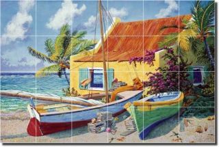 Shaffett Tropical Beach Boat Palm Ceramic Tile Mural