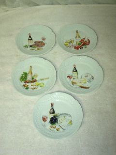   OF 5 WINE & CHEESE by LOUIS LOURIOUX FRANCE PORCELAIN CANAPE PLATES