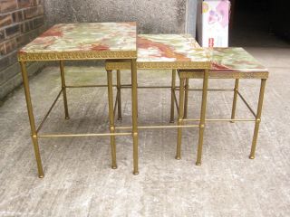 ORNATE GILT METAL & ONYX NEST OF 3 COFFEE TABLES