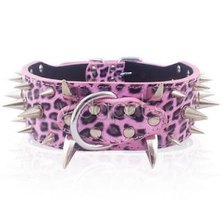 23 26 Pink Leopard Leather Spiked Dog Collar Pitbull Bully Spikes 