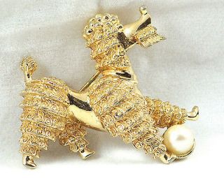   Signed Boucher Poodle Dog Animal With Faux Pearl Goldtone Pin Brooch