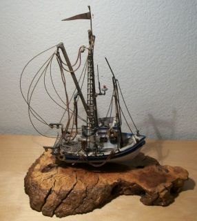 Very Intricate Metal Commercial Fishing Boat Sculpture. Signed Art 