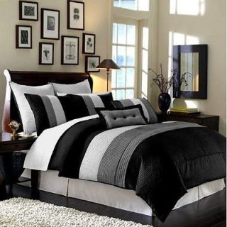   Stripe Bedding Black Grey and White King Size 8 Piece Comforter Set