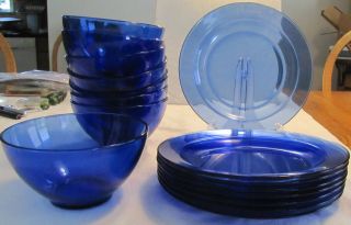 Arcoroc France Lot of 8 Blue Bowls and Plates