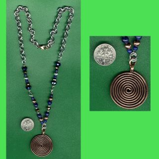 COPPER SPIRAL, LAPIS & Crystals Beaded Pendant/Necklace CELTIC