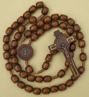 St Benedict Cord / Brown Wood Oval Beads Rosary with Big Crucifix