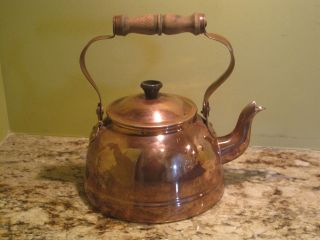 Vintage Copper Plated? Tea Kettle Wooden Handle Made in Portugal 6 