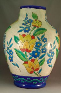 MONUMENTAL Belgium Keramis Boch Freres Crackle Finish Art Deco Vase