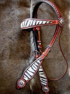 BRIDLE WESTERN LEATHER HEADSTALL ZEBRA HAIR ON TACK BARREL SHOW RODEO 