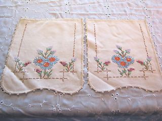 Vintage Matching Set Of Two Doilies Cream Embroidered With Blue Orange 