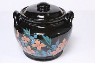 Vtg Lidded Stoneware Bean Pot / Cookie Jar Black w/ Painted Flowers 