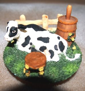 OUR AMERICA CANDLE TOPPER COW IN PASTURE FENCE STOOL AND BUTTER CHURN
