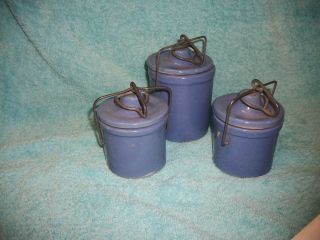 VINTAGE LOT OF 3 LT. BLUE STONEWARE CHEESE CONTAINERS