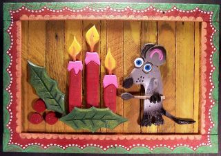Recyled Wood Lath Art   Christmas Mouse 17.5 X 12