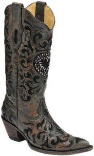   Corral Black and Grey Goat Crystal Heart Leather Western Cowboy Boots