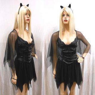 Satin Bat Costume With Attached Mesh Wings Adult Womens Costume Leg 