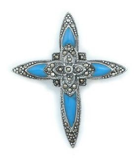Marcasite Cross Pin Brooch with Inlay Sterling Silver 925 Fashion Gift 