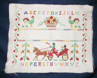 FINISHED CROSS STITCH ABCs Horse & Buggy Roosters Sampler For Framing 