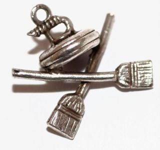 Curling Stones And Broom Vintage Sterling Silver Bracelet Charm 