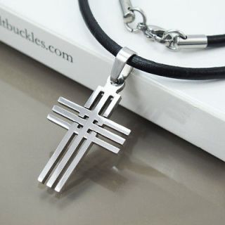   Chrome Matrix Gothic Mens Womens Cross Pendant Black Leather Necklace