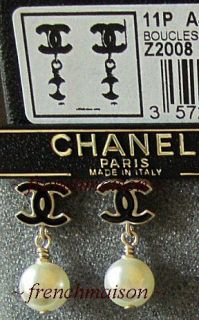   CHANEL Mini Black CC Logo + Pearl Charm Gold Classic Drop Earrings New