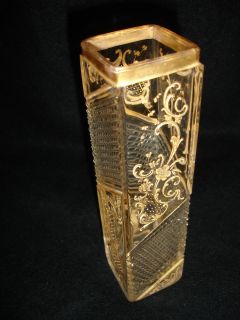 Moser crystal square vase etched w gold trim Bohemian cut glass 