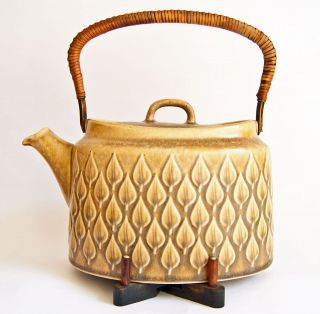 Kronjyden Nissen Relief Design Tea Pot, Brass Cane Handle, Teak Stand
