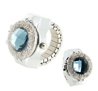   Crystal Sapphire Shaped Stretchy Watchband Finger Ring Quartz Watch