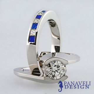 80 ct Round Cut Diamond & Blue Sapphire Bridal Ring Set 18k White 
