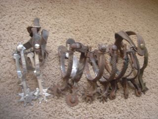 10 Vintage OLD single GAL LEG spur with engraved leathers WESTERN 