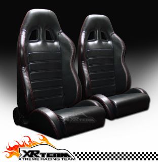 2pc SP Style PVC Leather JDM Black & Red Stitch Racing Bucket Seats 