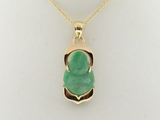   Green Jade Happy Buddha Solid 14k Yellow Gold Pendant 16 Necklace